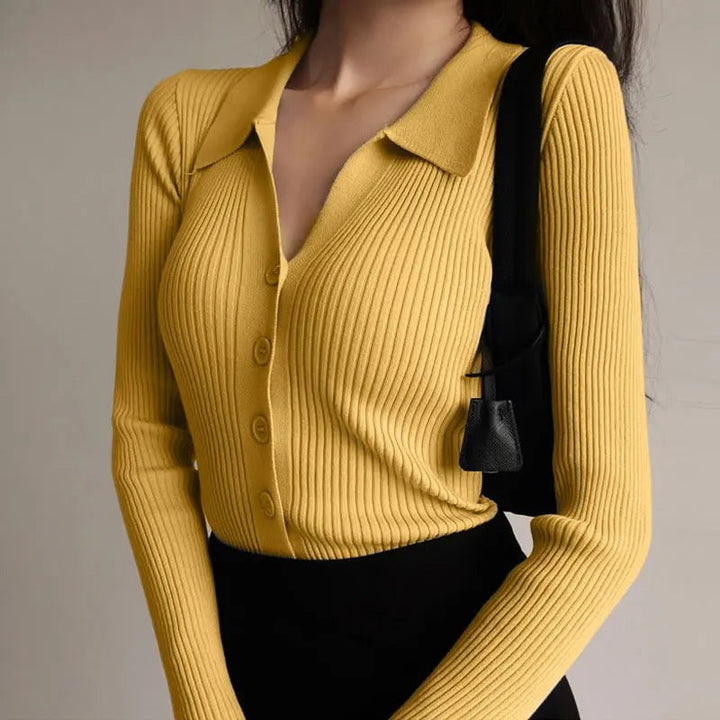 Levoire | Pull Polo En Tricot Stretch Élégant Pour Femmes Jaune Taille unique