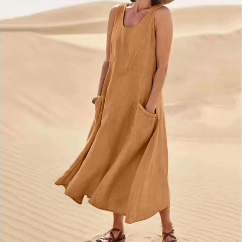 Levoire | Robe sans manches pour femmes en coton et lin, avec poche Or