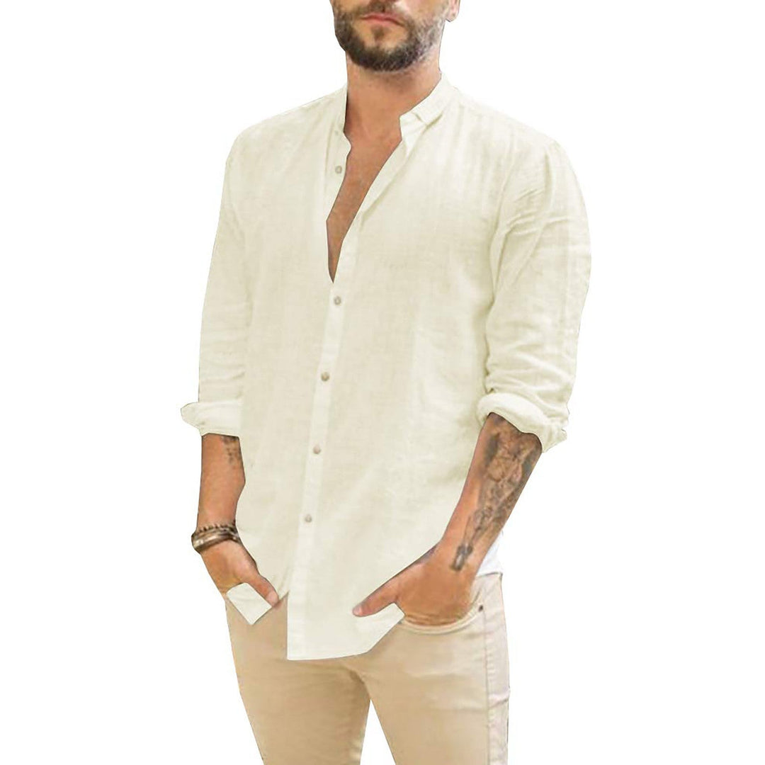 Levoire | Chemise En Lin Sans Col Pour Hommes beige