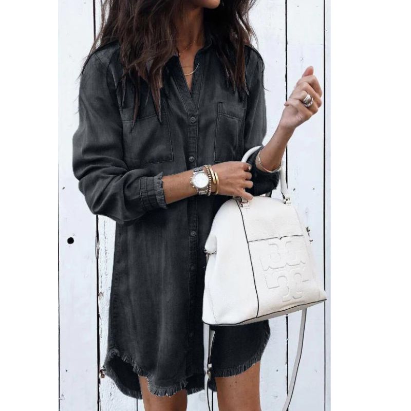 Levoire | Robe Chemise En Denim Avec Ourlet Effiloché Pour Femmes Noir