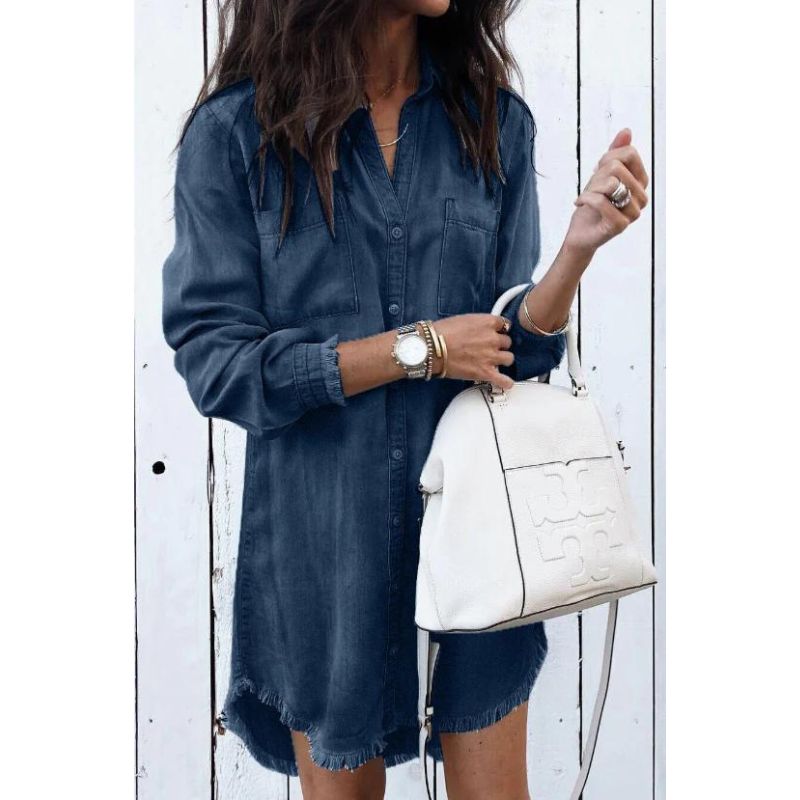 Levoire | Robe Chemise En Denim Avec Ourlet Effiloché Pour Femmes Bleu