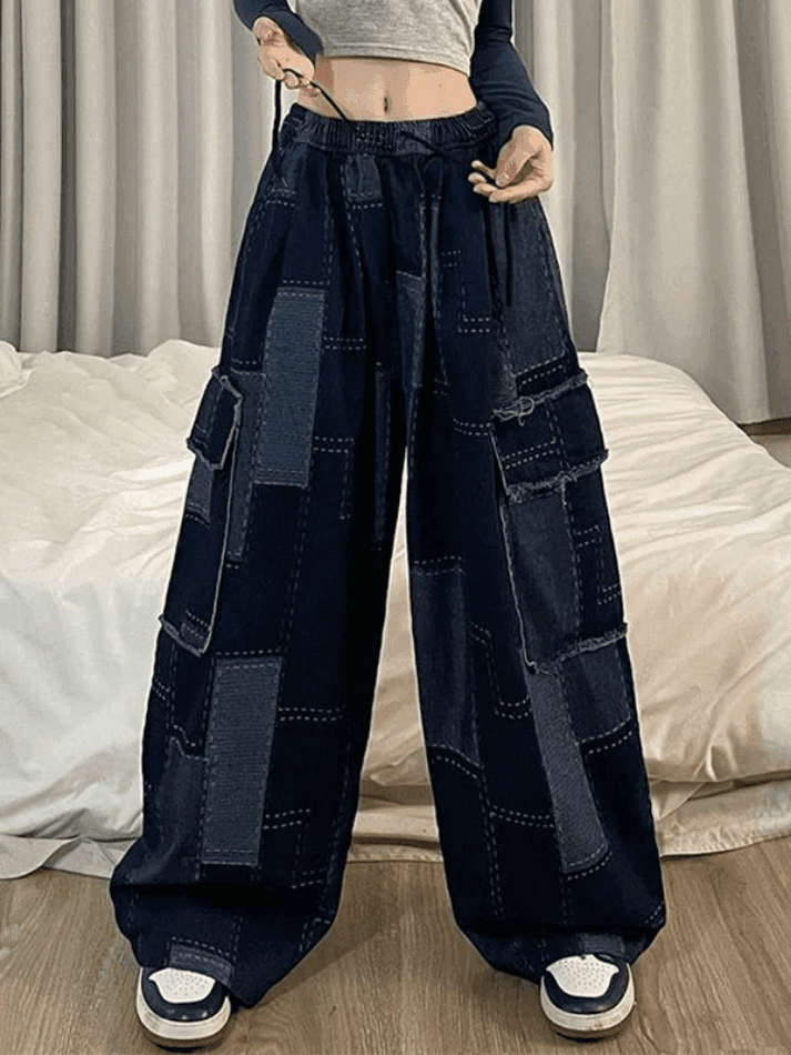Levoire | Récolte Vin Bleu Carreauté Jean Cargo Baggy Bleu