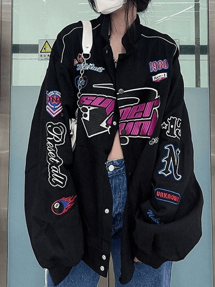 Levoire | Veste Varsity Moto Boutonnée Vintage Brodé Noir