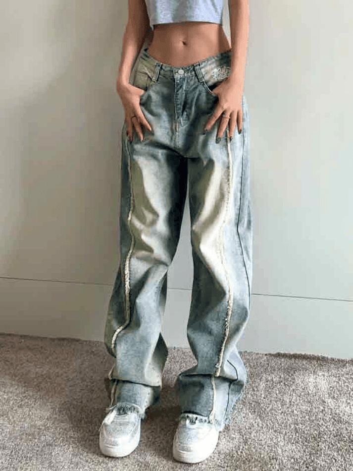 Levoire | Broderie Vintage De Vin Burr Jeans Boyfriend Décontractés