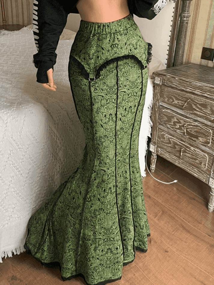 Levoire | Jupe Maxi Patchwork Imprimé Sirène Vintage Vert