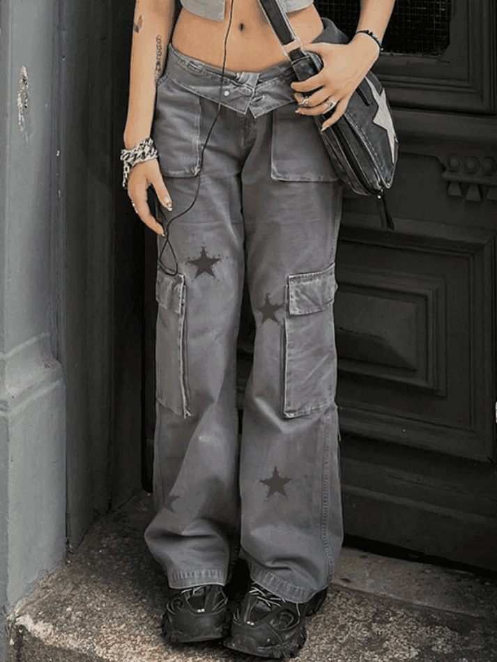 Levoire | Jean Cargo Boyfriend Fit Imprimé Étoile Weinlese Gris