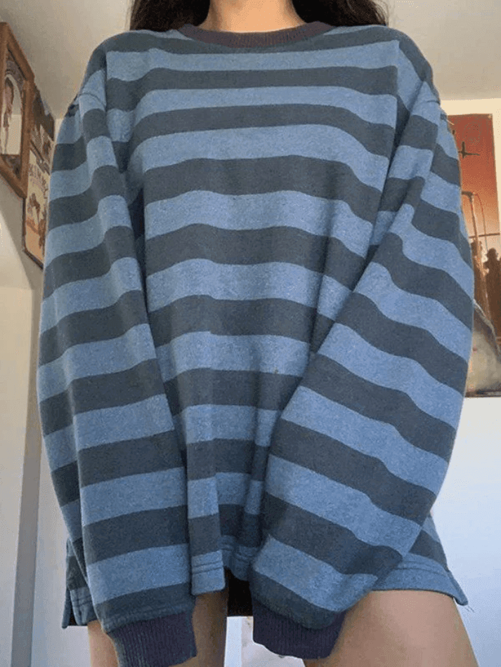 Levoire | Vintage Rayé Oversize Pull Sweatshirt Bleu