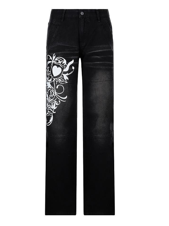 Levoire | Jeans Vintage Lavés À Imprimé Cœur Noir