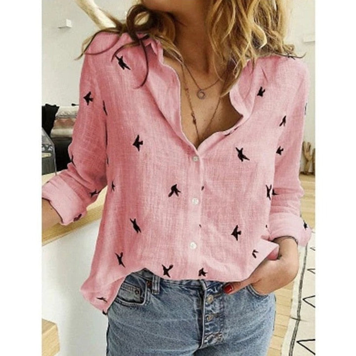 Levoire | Chemise Chic Boutonnée Imprimée Pour Femmes Rosa Avec Oiseaux