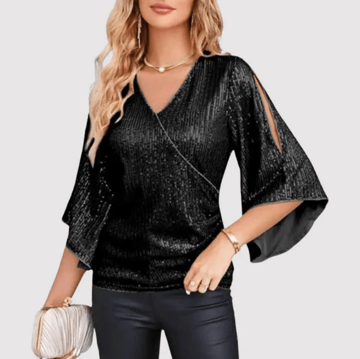 Levoire | Top à paillettes pour femmes avec décolleté en V Blouse élégante Noir