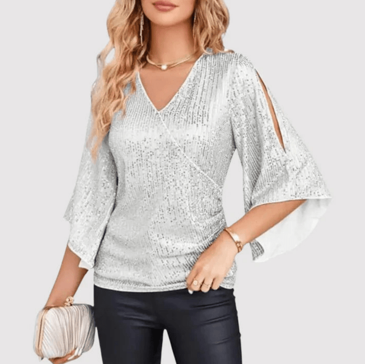 Levoire | Top à paillettes pour femmes avec décolleté en V Blouse élégante Argent