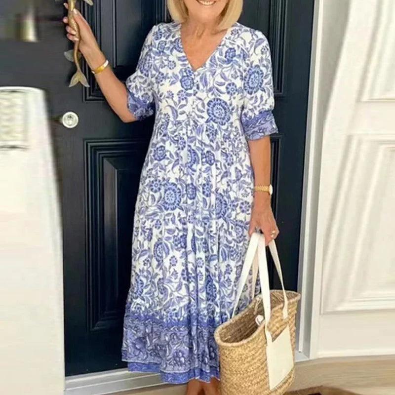 Levoire | Robe Maxi À Décolleté En V À Imprimé Floral Pour Femmes Bleu