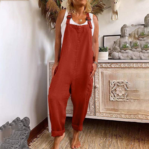 Levoire | Pantalons à jambes larges pour femmes avec boucle ajustable, coton et lin, combinaison avec poches