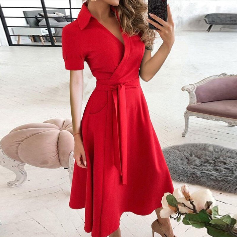 Levoire | Robe Mi-Longue Avec Ceinture Pour Femmes Rot V-Décolleté