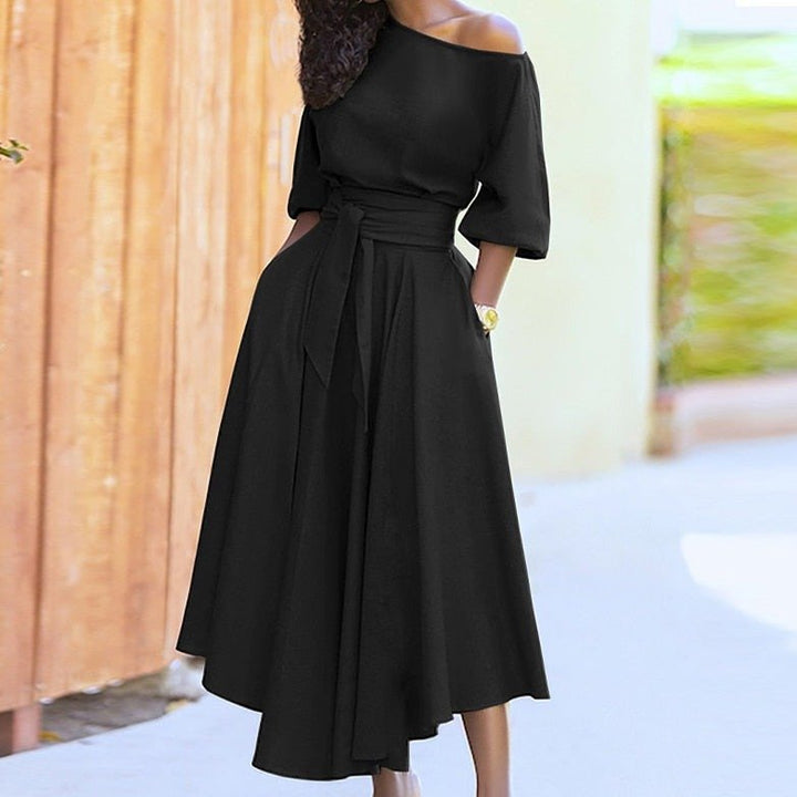 Levoire | Robe Mi-Longue Avec Ceinture Pour Femmes Noir Off Épaule