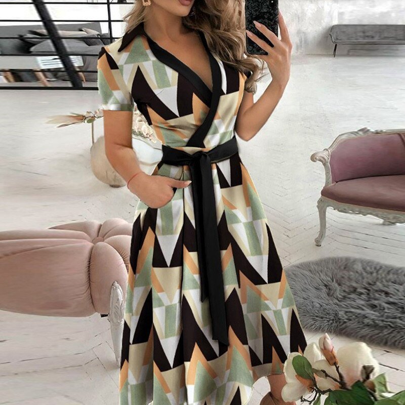 Levoire | Robe Mi-Longue Avec Ceinture Pour Femmes Multicolore décolleté en V