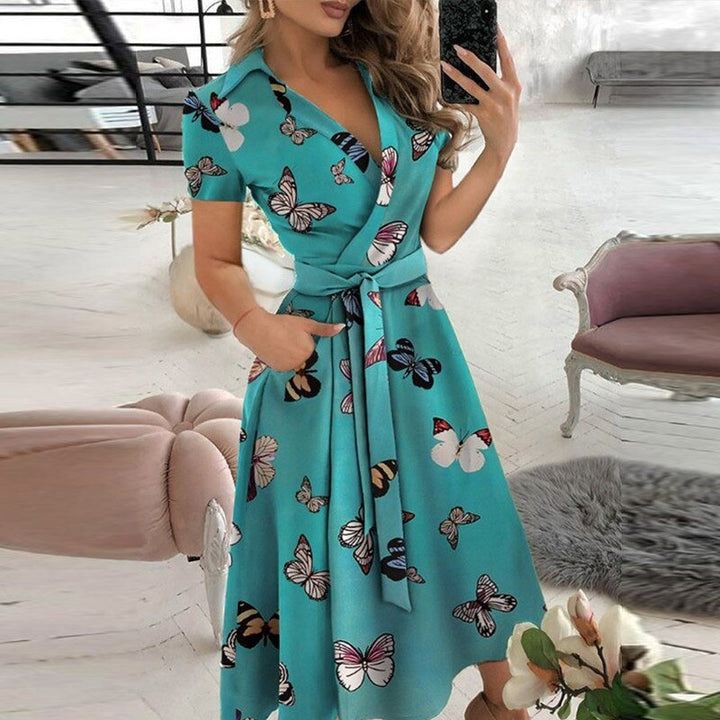 Levoire | Robe Mi-Longue Avec Ceinture Pour Femmes Bleu col en V
