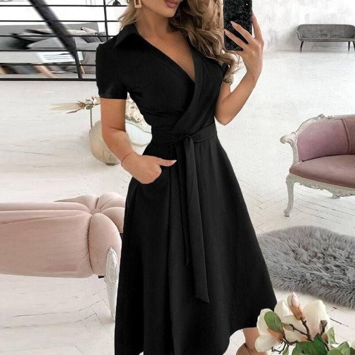 Levoire | Robe Mi-Longue Avec Ceinture Pour Femmes Noir V décolleté