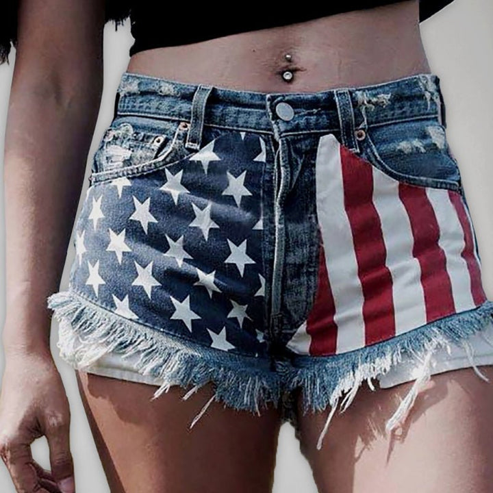 Levoire | Femmes Drapeau Américain Franges Motif Étoile Shorts en Denim Bleu clair