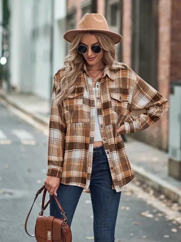 Levoire | Femmes Babydoll Style Col Évasé Manches Longues Avec Fermeture Boutonnée Chemise Veste à Carreaux