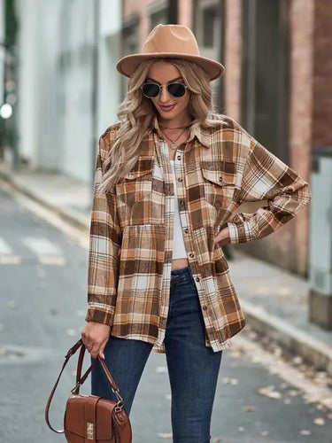 Levoire | Femmes Babydoll Style Col Évasé Manches Longues Avec Fermeture Boutonnée Chemise Veste à Carreaux