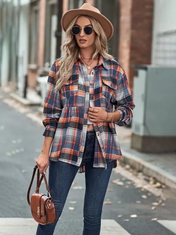 Levoire | Femmes Babydoll Style Col Évasé Manches Longues Avec Fermeture Boutonnée Chemise Veste à Carreaux