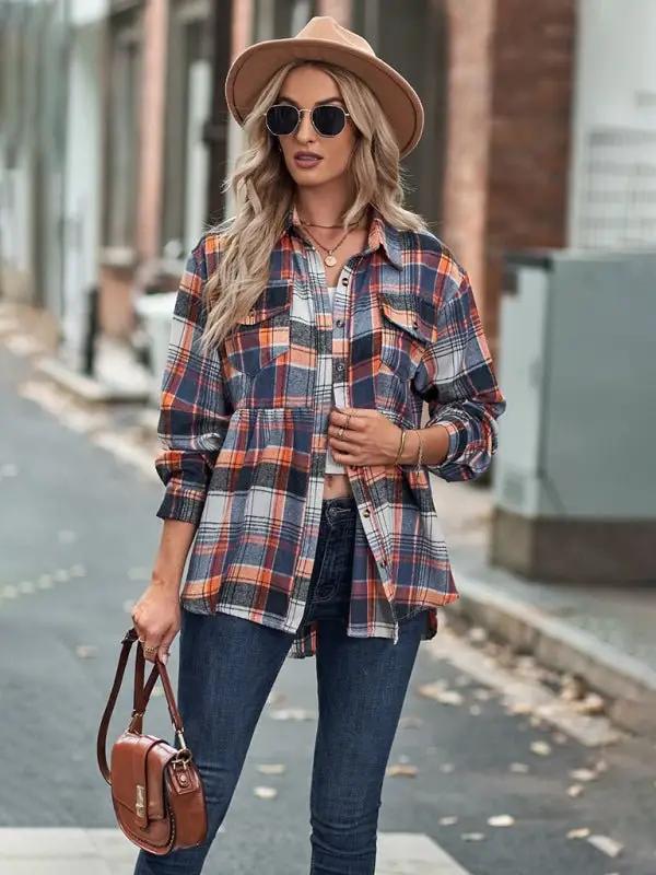 Levoire | Femmes Babydoll Style Col Évasé Manches Longues Avec Fermeture Boutonnée Chemise Veste à Carreaux