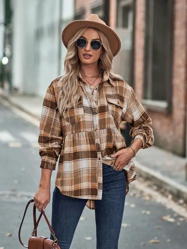 Levoire | Femmes Babydoll Style Col Évasé Manches Longues Avec Fermeture Boutonnée Chemise Veste à Carreaux