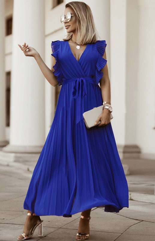 Levoire | Dame Plage Sexy Lotus Feuille Manche Chiffon Plissé Robe Une Couleur Robe Saphir bleu