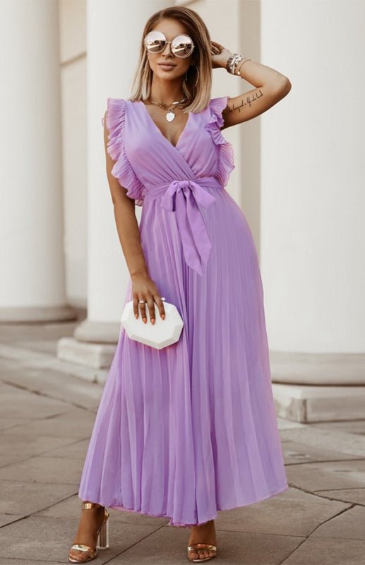 Levoire | Dame Plage Sexy Lotus Feuille Manche Chiffon Plissé Robe Une Couleur Robe Rose Rouge violet