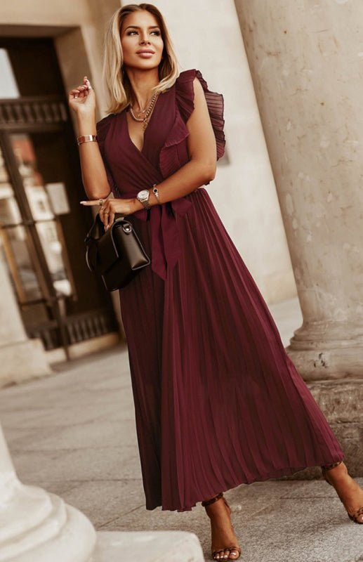 Levoire | Dame Plage Sexy Lotus Feuille Manche Chiffon Plissé Robe Une Couleur Robe Rouge vin