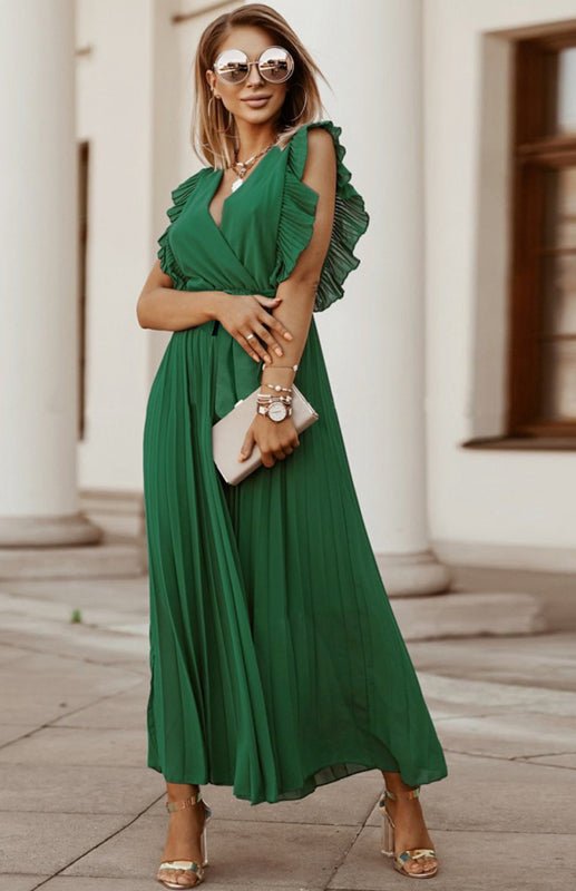Levoire | Dame Plage Sexy Lotus Feuille Manche Chiffon Plissé Robe Une Couleur Robe Vert