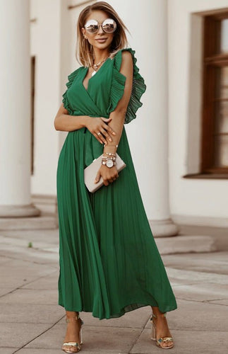 Levoire | Dame Plage Sexy Lotus Feuille Manche Chiffon Plissé Robe Une Couleur Robe