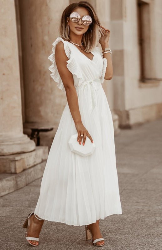 Levoire | Dame Plage Sexy Lotus Feuille Manche Chiffon Plissé Robe Une Couleur Robe Blanc