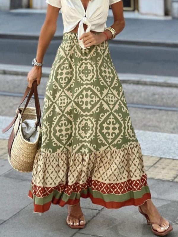 Levoire | Femme Bohème style ethnique imprimé couture jupe Vert