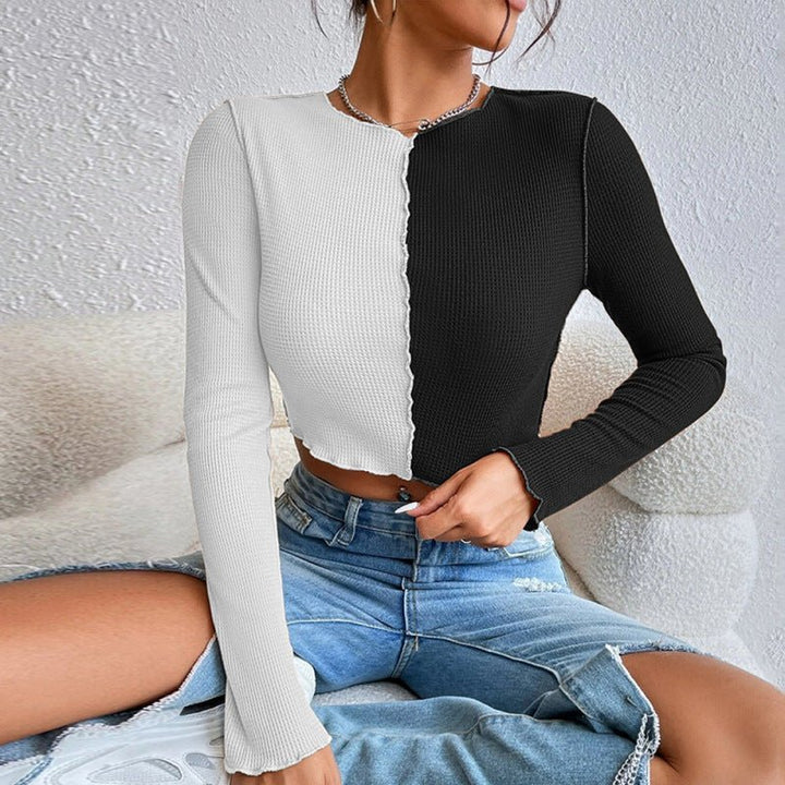 Levoire | Femmes Loisirs Bloc de Couleur Short Gaufre T-shirt à Manches Longues Noir