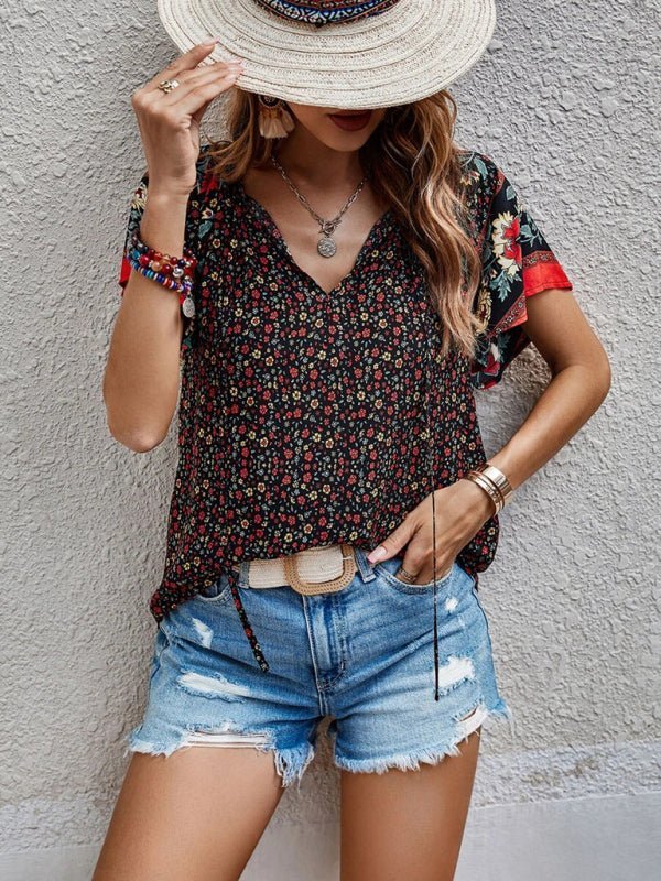 Levoire | Femme décontractée ethnique imprimée V-neck à manches courtes chemise loose Café