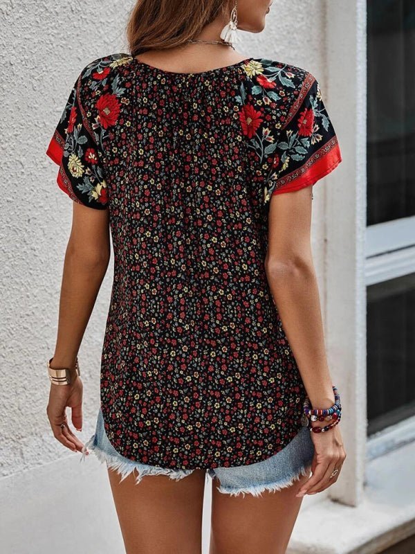 Levoire | Femme décontractée ethnique imprimée V-neck à manches courtes chemise loose