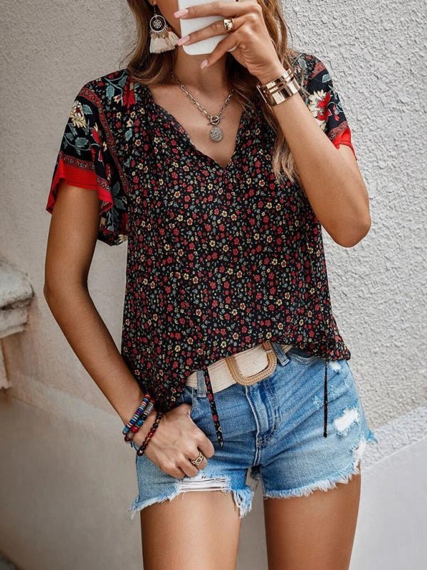 Levoire | Femme décontractée ethnique imprimée V-neck à manches courtes chemise loose