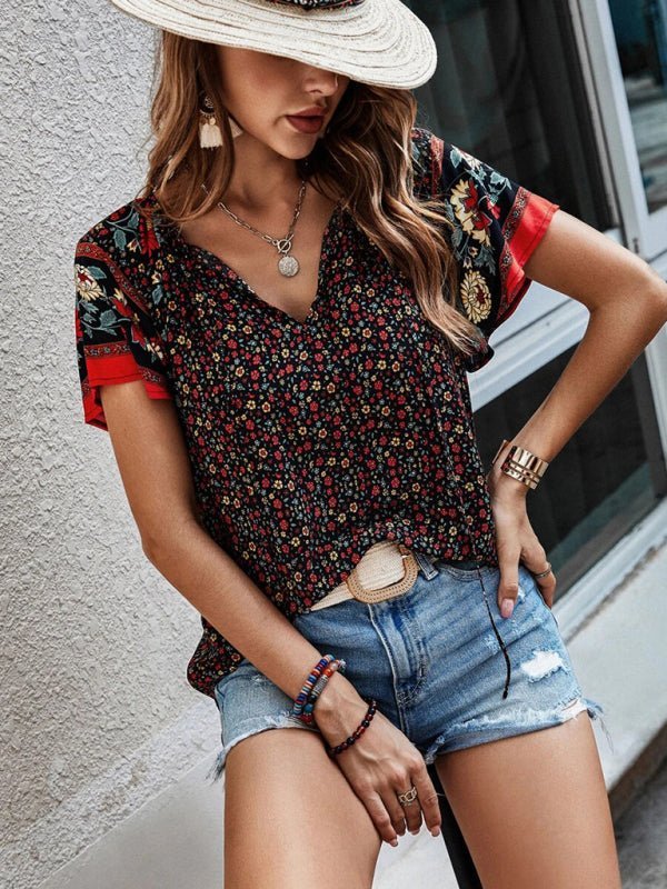 Levoire | Femme décontractée ethnique imprimée V-neck à manches courtes chemise loose