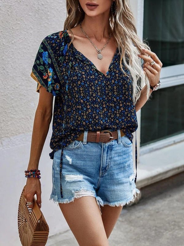 Levoire | Femme décontractée ethnique imprimée V-neck à manches courtes chemise loose