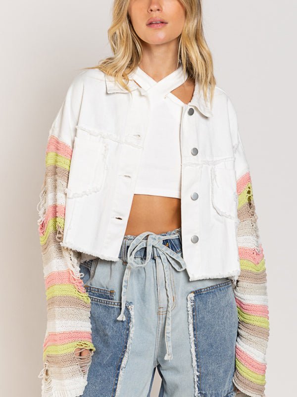 Levoire | Femme Pantalon de loisirs en denim Arc-en-ciel Veste à manches longues avec empiècements Blanc