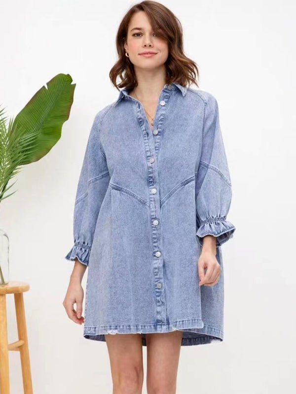 Levoire | Femmes Robe Longue à Manches Bouffantes en Denim Baggy Lâche Bleu Clair