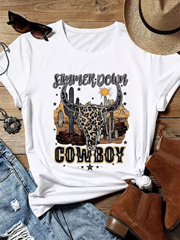 Levoire | Femme Loisirs Manches Courtes Hauts Highland Cattle Western Cowboy Vintage Sport T-shirt