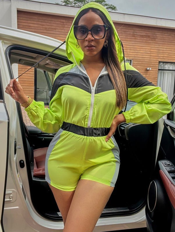Levoire | Femme Loisirs Épissage Couleur Contraste Zip Énteiler Shorts Vert