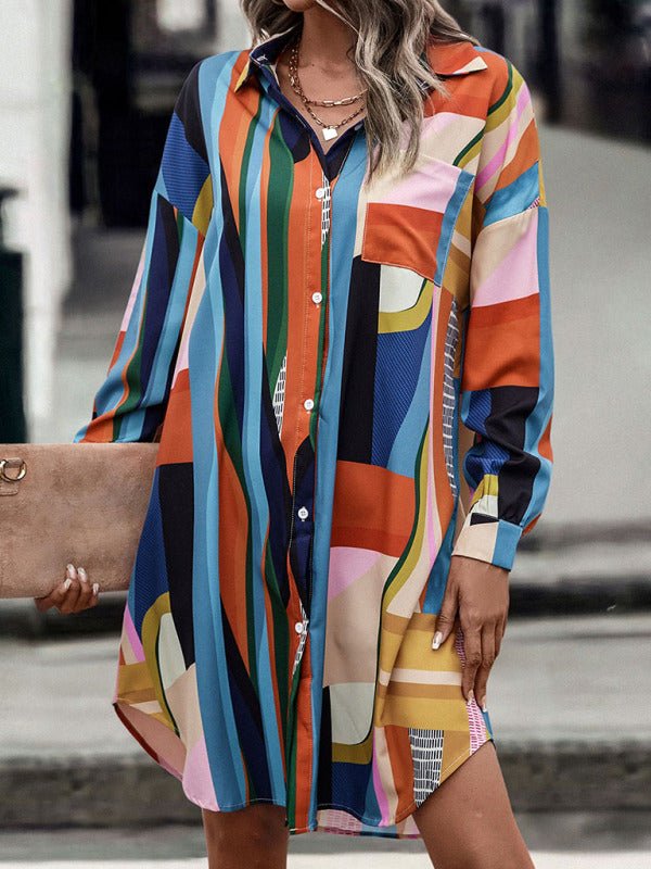 Levoire | Robe chemise mi-longue à revers à blocs de couleur pour femme (sans ceinture) Motif