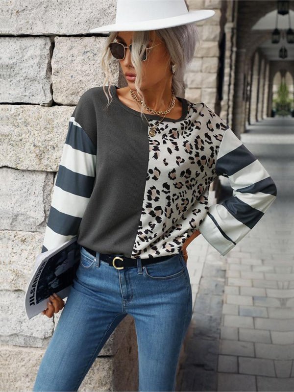 Levoire | Femmes couleur-bloc motif léopard rayé blouse à manches longues