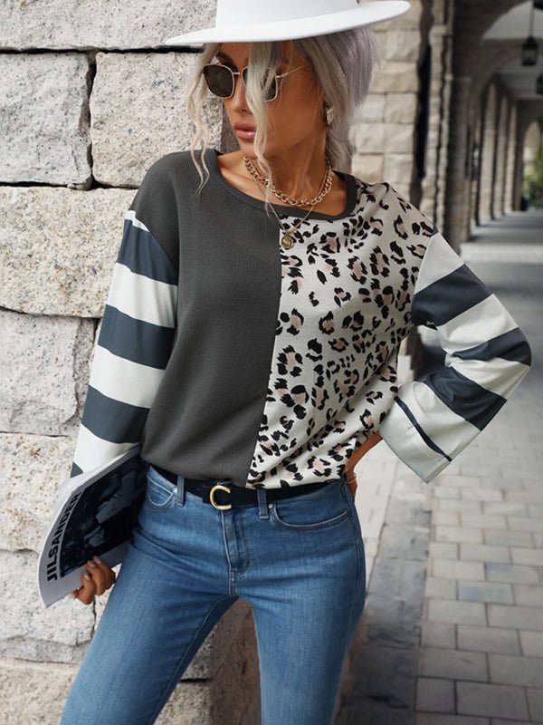 Levoire | Femmes couleur-bloc motif léopard rayé blouse à manches longues