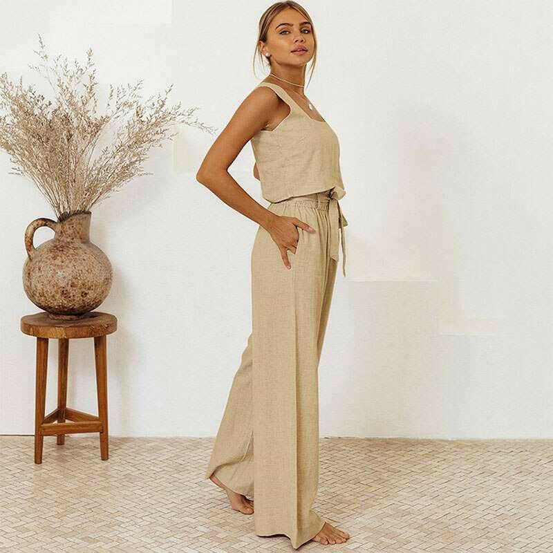 Levoire | Costume Sans Manches En Coton Et Lin Pour Femmes Khaki