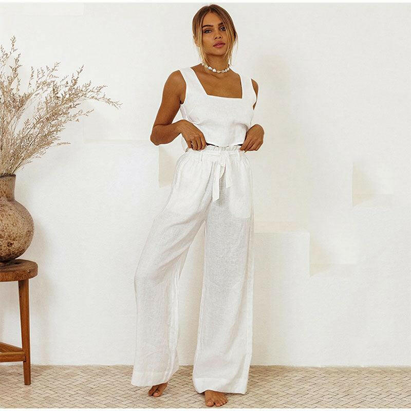 Levoire | Costume Sans Manches En Coton Et Lin Pour Femmes Blanc
